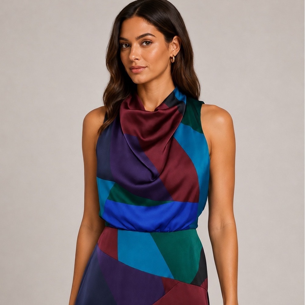 Karl Lagerfeld Paris Geometric Colorblock Cowl Neck Satin Midi Dress Blue 2